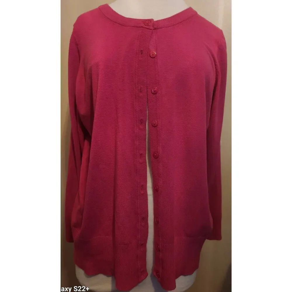 C13 Fashion Bug hot pink button-down crew neck long sleeved sweater